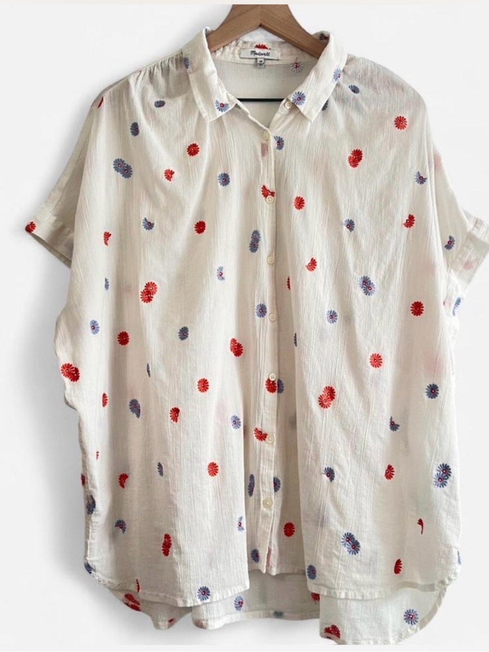 Madewell White Cotton Blouse 3X Floral Embroidery Rust Blue Boho Button Up